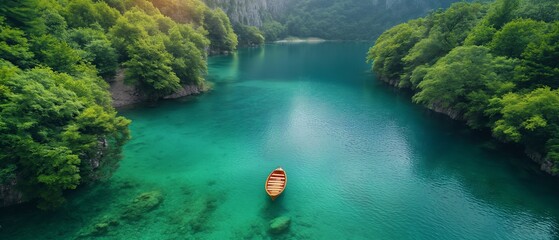 AI generated illustration of a boat floating on a lush green lake amid trees - obrazy, fototapety, plakaty