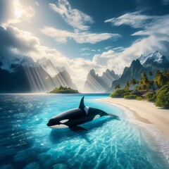 orca jumping into the sea - obrazy, fototapety, plakaty