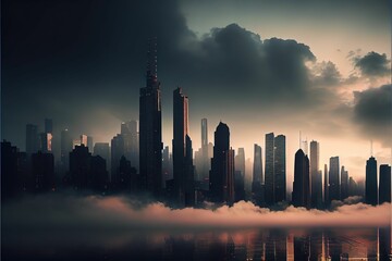 AI generated illustration of the modern city with skyscrapers on a foggy day