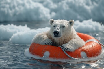 Polar bear floating in water with life preserver. Generative AI