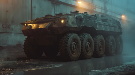 AI-generated illustration of a military vehicle on a foggy night driving by an industrial building