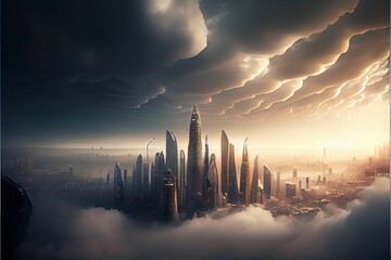 AI-generated illustration of a modern city skyline at cloudy sunrise.
