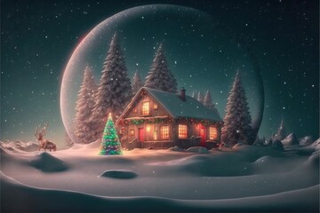 AI generated illustration of a small hut surrounded with fir trees in winter