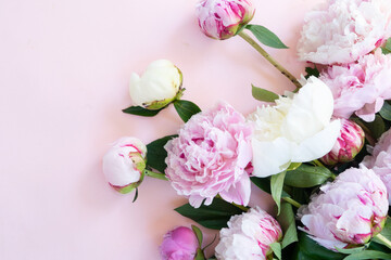 Obraz na płótnie Canvas Beautiful fresh pink and white peony flowers bouquet on pink table, top view and flat lay background