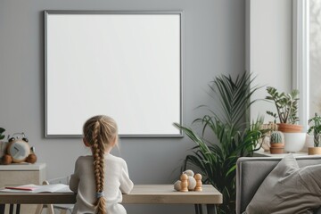 Young girl sitting at table in front of white board. Generative AI