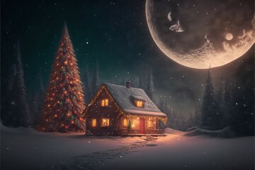 Fototapeta premium AI generated illustration of a small hut surrounded with fir trees in winter