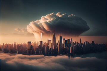 AI-generated illustration of a big cloud over the city at sunset.