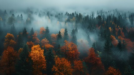 Aerial of a misty forest scene with trees in a field, AI-generated.