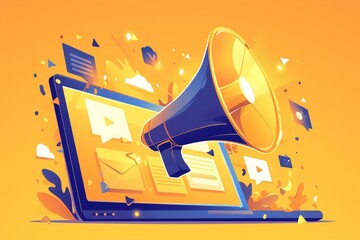 Laptop with megaphone icon popup screen in yellow background  - obrazy, fototapety, plakaty