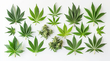 A collection of marijuana leaves and buds are arranged in a row - obrazy, fototapety, plakaty