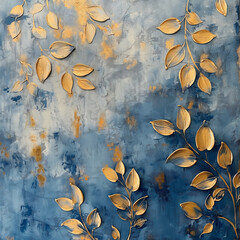 A painting of leaves and gold with a blue background