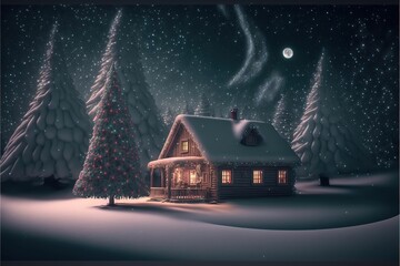 AI generated illustration of a Christmas tree and a snow-covered house in a fairy-tale