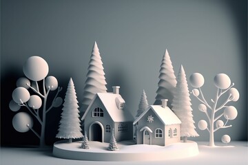 AI generated illustration of a Christmas tree and a snow-covered house in a fairy-tale - obrazy, fototapety, plakaty