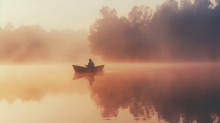 Lone figure in a canoe glides through mist on a tranquil lake, AI-generated. - obrazy, fototapety, plakaty