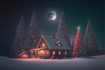 AI generated illustration of a Christmas tree and a snow-covered house in a fairy-tale