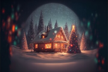 AI generated illustration of a Christmas tree and a snow-covered house in a fairy-tale - obrazy, fototapety, plakaty
