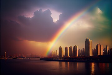 Naklejka premium AI generated illustration of a beautiful cityscape with a rainbow over the city skylines
