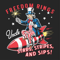 4th of July 2024 illustration, Freedom rings, Stars, stripes, and sips