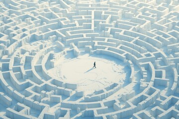 Man walking in the center of an intricate maze, symbolizing navigating complex business challenges.