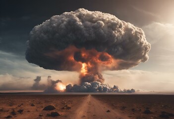 a large mushroom cloud over an empty road in a desert