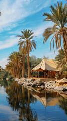 Fototapeta na wymiar Luxurious Safari Tent Camp by Tranquil River Oasis with Lush Palm Trees