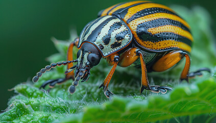 Fototapeta premium Close up of the Colorado potato beetle on an green leaf, with its distinctive black and white stripes and small dots.