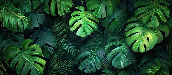 A variety of green tropical leaves from terrestrial plants create a lush jungle landscape against a dark background, showcasing the beauty of nature