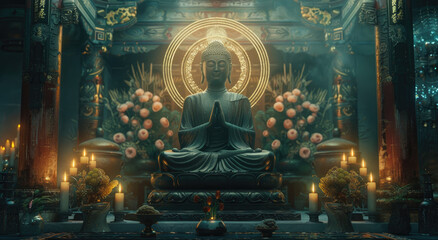 wallpaper of Buddha sitting in lotus position with his hands folded on his chest and surrounded by a golden halo behind him - obrazy, fototapety, plakaty