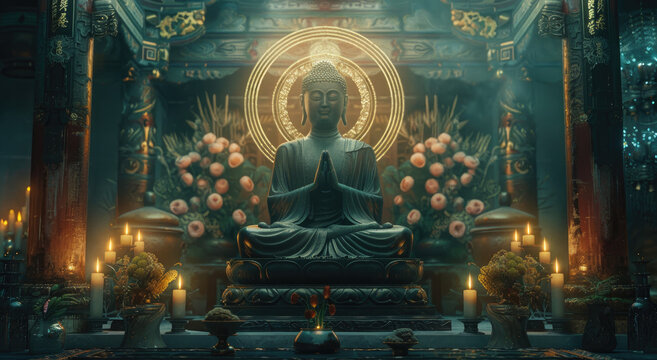 wallpaper of Buddha sitting in lotus position with his hands folded on his chest and surrounded by a golden halo behind him