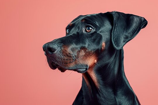 black Doberman pinscher dog on pink background 