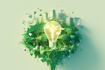 Paper art in the style of an illuminated light bulb surrounded by green trees and buildings, symbolizing energy sharing between forests for sustainable development in urban areas. 