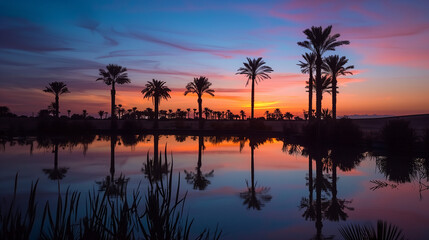 Naklejka premium Stunning Sunset Reflection over Palm Trees by the Water
