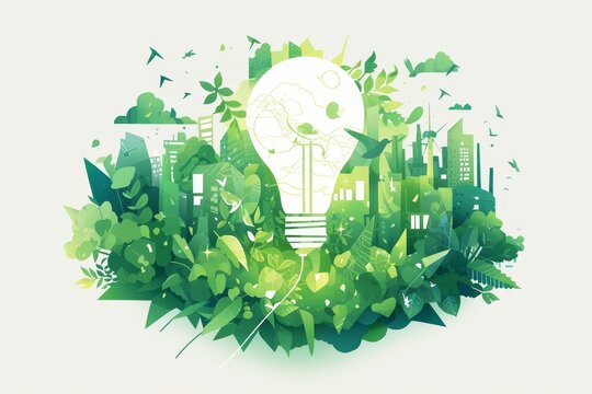 Paper art in the style of an illuminated light bulb surrounded by green trees and buildings, symbolizing energy sharing between forests for sustainable development in urban areas.