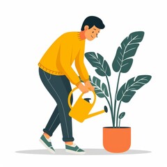 A cute illustration of a young man watering a houseplant from a watering can and smiling, isolated on a white background. A man who cares about ecology and plants. The concept of a responsible man.
