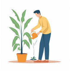 A cute illustration of a young man watering a houseplant from a watering can and smiling, isolated on a white background. A man who cares about ecology and plants. The concept of a responsible man.