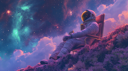 A man in a spacesuit is sitting on a chair in a field of flowers - obrazy, fototapety, plakaty