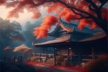 AI generated illustration of enchanted Japanese building and gardens with autumn trees