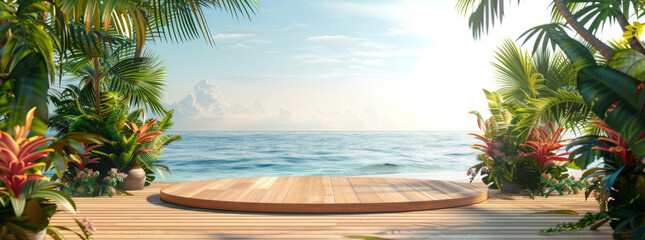 Fototapeta premium Wooden podium for product presentation on the beach with tropical plants and water background