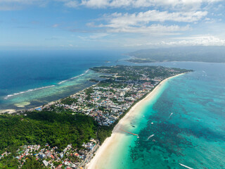 Aerial view of White Beach with powdery sands in Boracay Island. Philippines.