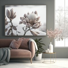 AI-generated illustration of white flowers painting in a frame in a living room