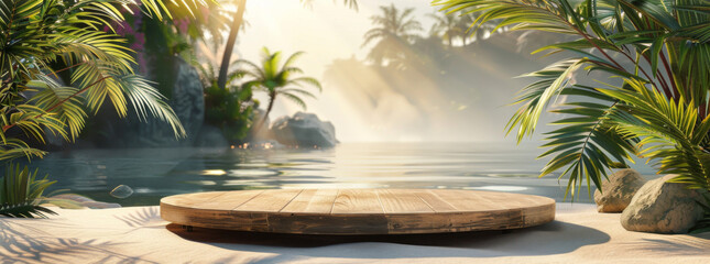 Wooden podium for product presentation on the beach with tropical plants and water background - obrazy, fototapety, plakaty