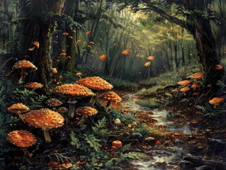 A forest scene just after the rain with mushrooms sprouting from the wet earth