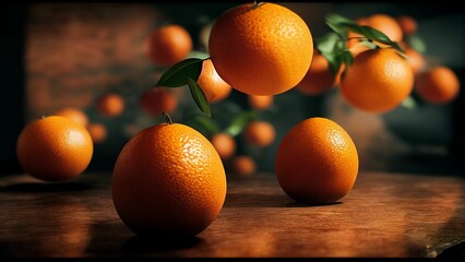 Ai-generated illustration of mandarin oranges floating in mid-air over the table.