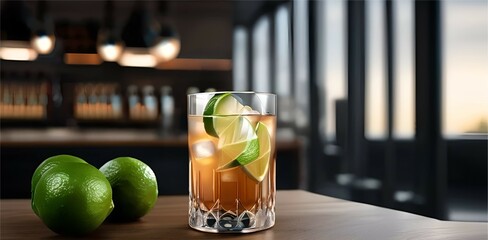 dark and stormy cocktail with lime in glasses, ginger root , on a table , modern  no smoke , dark environment, low dop.