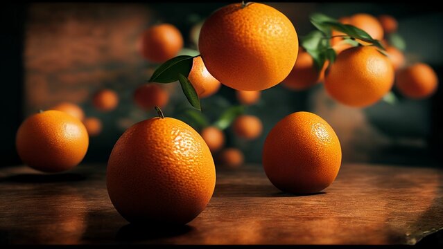 Ai-generated illustration of mandarin oranges floating in mid-air over the table.