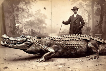 Old vintage 19th century photograph of a giant crocodile and zookeeper posing alongside. biggest ever recorded croc in captivity click bait style photo. - obrazy, fototapety, plakaty