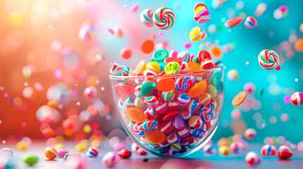 Candy bowl with various multicolored candies floating in the air