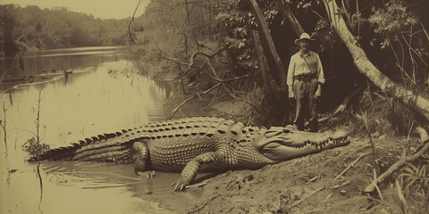 Old vintage 19th century photograph of a giant man-eater crocodile and hunter explorer posing alongside. biggest ever recorded croc click bait style photo.