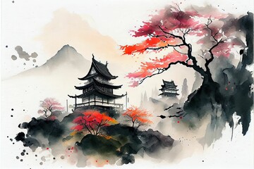 AI generated illustration of a painting of japanese landscape with sakura trees and oriental houses