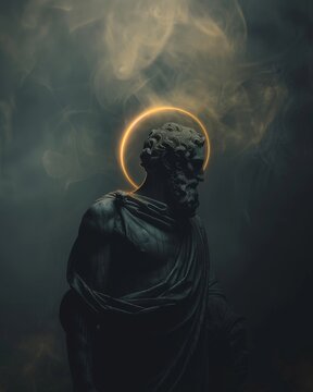 Statue profile with halo in misty ambiance. Artistic side profile image of a headless statue with a bright halo immersed in a misty, moody ambiance